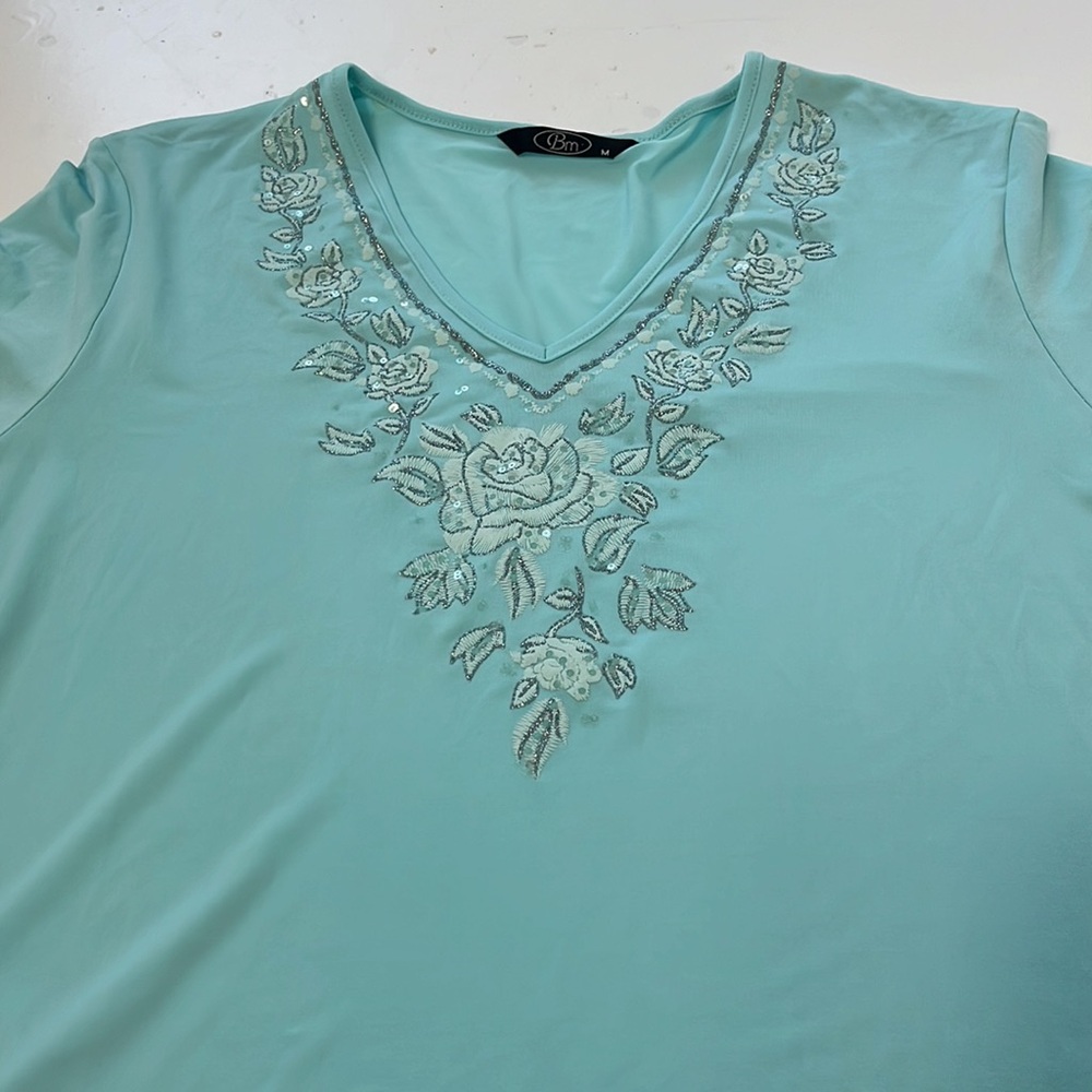 Bm Medium Blue Short Sleeve V Neck Embroidered Floral Blouse - Picture 4 of 5